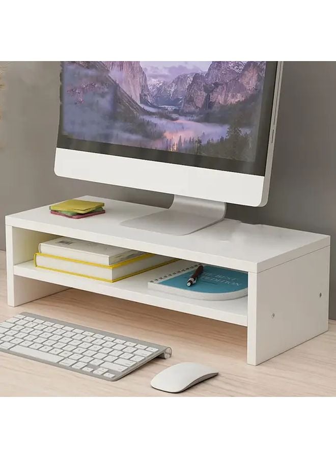 White Wooden Monitor Stand Riser With Adjustable Shelf And Storage Organizer - Image 1